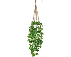 Nep Hangplant Met Pot En Macramé Hanger - Kunstplant Voor Woondecoratie Binnen - Groene Wijnstokplant Voor Slaapkamer - Badkamer - Keuken En Kantoor - Ivoor Pothos In Bruine Pot