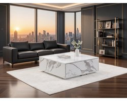 NeroLux Design Salontafel met 2 Push-to-Open Lades – Moderne Marmerlook Witte MDF Salontafel 90x90x35 cm-NoviHome