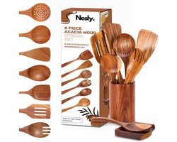 Nesly Keukengerei Set 8-Delig + Houder + Lepelhouder (9-Delig Totaal) - Keukengerei Hout - Acacia Hout - Hittebestendig - Keukengerei set - Keukengerei Houder - Houten Spatel - Keukengerei-sets - Spatels - Spatelpot