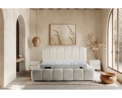 Nessa® - 160x200 - Opbergruimte Boxspring Idol | Crémé Bouclé/Teddy Gestoffeerd - Inclusief 25cm Dik Orthopedisch 7-zones Pocketvering Matras