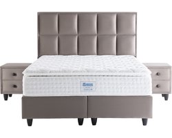 Nessa® - 180x200 - Opbergruimte Boxspring Armoni | Taupe Velvet Gestoffeerd - Inclusief Amerikaans Orthopedisch 7-zones Pocketvering Matras Met Vaste Koudschuim Topper