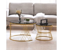 Nesting Salontafel Set 2-delig, Ronde Bijzettafels met Marmer Hoge Glans Blad, Gouden Metalen Frame, 70x70cm & 45x45cm, Woonkamertafels