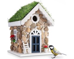 Nestkast in steenhuis-look, decoratief vogelhuis om op te hangen, met echte stenen, mezenbak met 30 mm invliegat, nesthulp, vogelhuisje voor tuin, balkon, terras