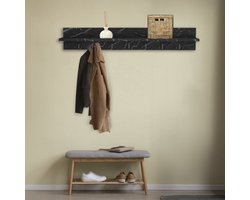 Nestly - Kapstok - Wandkapstok - Wandplank - Muur Hanger - Modern Stijl Kapstok - Natuurlijk Hout - Houten Kleerhanger - MDF Zwart en Marmer - 7x2 Haken - 106 cm