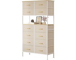 Nettaeseno - Commode Kasten Slaapkamer - Commode van Stof met 12 Stoffen Laden - Commode Organizer - Opbergkast met metalen Frame - 35x80x162 cm - Beige