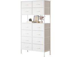 Nettaeseno - Commode Kasten Slaapkamer - Commode van Stof met 12 Stoffen Laden - Commode Organizer - Opbergkast met metalen Frame - 35x80x162 cm - Wit