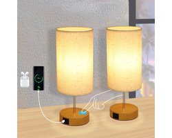 NETTLIFE E27 Tafellamp - 2 stuks - Beige - Touch dimbaar - moderne slaapkamerlampe - 3000K Warm wit licht - met Stoffen lampenkap - USB-oplaadfunctie Ledlamp - voor woonkamer | nachtkastje | Eetkamer