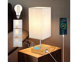 NETTLIFE E27 Tafellamp - hout - rechthoekig - 3000K Warm wit Licht - Touch Dimbaar - nachtlamp met USB laadfunctie - stoffen lampenkap - voor Nachtkastje | Eetkamer | Woonkamer | Slaapkamer - excl. lichtbron