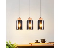 NETTLIFE Hanglamp - 3xE27 - Hout en Glas - rookgrijs - Eetkamerlamp hangend - industriële stijl - voor Slaapkamer Woonkamer Eetkamer - zonder lamp