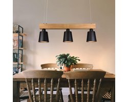 NETTLIFE Hanglamp - 3xE27 - zwart - Hout Design - 70cm vintage hanglamp - hoogte verstelbaar - eettafel lamp opknoping - voor eetkamer | woonkamer |kantoor | slaapkamer | keuken - excl. lichtbron