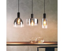 NETTLIFE Hanglamp E27 - Glas - 3-Lichts - rechthoekig - rookgrijs - Vintage Eetkamerlamp - in hoogte verstelbaar 150cm - Glazen Hanglamp - voor Keuken | Slaapkamer | Woonkamer (exclusief lampen)-excl. lichtbron