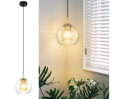 NETTLIFE Hanglamp Glas - 1-Lichts - E27 Fitting - Zwart Goud - rond - Metaal -Modern Eetkamerlamp - voor Keuken | Woonkamer | Slaapkamer | Eettafel - zonder Lamp