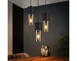 NETTLIFE Hanglamp glas - 3xE27 - rond - zwart - metalen - eettafel lampen voor trap slaapkamer - Zonder lichtbron