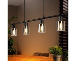 NETTLIFE Hanglamp Glas - 4xE14 - Zwart - Vintage Eettafellamp - hangend industriële Eetkamerlamp - voor Eetkamer | Woonkamer | Keuken