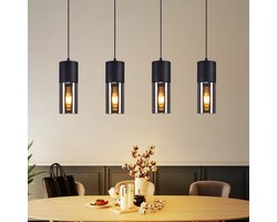 NETTLIFE Hanglamp glas - 4xE27 - rechthoekig - zwart - metalen - Eettafel lampen voor Keuken | Hal | Trap | Slaapkamer - Zonder lichtbron