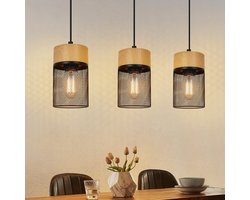 NETTLIFE Hanglamp Hout - 3-Lichts - E27 Fitting - Zwart - Vintage Eettafellamp - Houtnerf Eetkamerlamp - voor Keuken | Woonkamer | Slaapkamer | Bar | Hal - MAX.25W