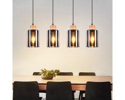 NETTLIFE Hanglamp Hout - 4xE27 - Rookgrijs - Glas - Eettafellamp hangend - Vintage Keukenlamp - in hoogte verstelbaar 120cm - voor keuken Eetkamer - Zonder lamp