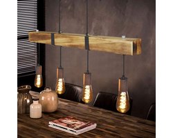NETTLIFE Hanglamp hout - Vintage- 4 x E27 - 80CM - houten balk woonkamer lampen voor eetkamer keuken bar restaurant - max. 25 W