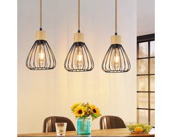 NETTLIFE Hanglamp Hout - Zwart - E27 Fitting - 3-Lichts - Vintage Eettafellamp Eetkamer - Metaal - Hennep Touw van Hout - voor Keuken | Slaapkamer | Woonkamer