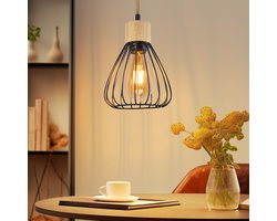 NETTLIFE Hanglamp - Metaal - Zwart - 1-Lichts - E27 Fitting - Vintage Eettafel Hanglamp - Hennep Touw van Hout - Industrieel Hanglamp - voor Eetkamer | Keuken | Woonkamer