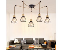 NETTLIFE Hanglamp - Metaal - Zwart - 5-Lichts - E27 Fitting - Vintage Eettafel Hanglamp - Hennep Touw van Hout - Industrieel Hanglamp - voor Eetkamer | Keuken | Woonkamer