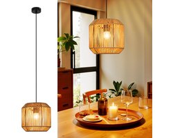 NETTLIFE Hanglamp Rotan - E27 Fitting - Lantaarn Design - 1-Lichts - Vintage - Hennep Touw Eettafellamp - voor Eetkamer | Slaapkamer | Woonkamer | Hal - Max.40W-excl. lichtbron