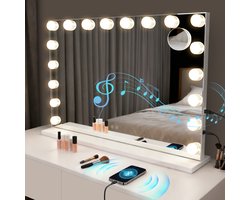 NETTLIFE Hollywood Schminkspiegel Met Verlichting - Bluetooth Vanity Spiegel - 18 Lampen Grote Kosmetiekspiegel - Tafelspiegel Met 3 Lichtmodi - Muziek Functie - Touch Bediening Hollywoodspiegel