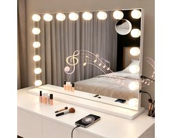 NETTLIFE Hollywood Spiegel 80x60CM - Bluetooth Speakers - 18x Led Lampen - USB + USB-C Oplaadpoort - Dimbaar - Smart Touch - Bluetooth Vanity Spiegel met Muziek Functie - 3 Lichtmodi - Touch Bediening - Wit - Spiegel met Verlichting