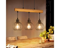 NETTLIFE - Houten Vintage Pendellamp E27 - 3 Lichts Industriëel Design - Zwarte Retro Eettafellamp Met Houten Balk - Voor Woonkamer Eetkamer - Zonder Lichtbron