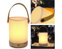NETTLIFE LED Tafellamp - Touch dimbaar - Beige - Modern - Cilinder - Draadloze oplaadbare - hout en stoffen - Nachtlamp 22cm - draagbare bedlamp - 3W - voor Slaapkamer | Woonkamer | Kantoor | Kinderkamer