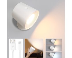 NETTLIFE LED Wandlamp - wit - Binnen - Dimbaar - met oplaadbare batterij - 360° Draaibaar - USB - Touch Control - Snoerloze wandlamp