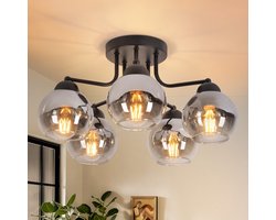 NETTLIFE Plafondlamp E27 - Glas - 5 Lichts - rookgrijs - Vintage Woonkamerlamp - in rookgrijs glazen bol - voor Keuken | Gang | Slaapkamer - MAX.25W