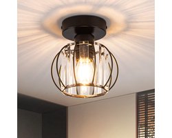 NETTLIFE Plafondlamp E27 - Zwart - Modern - Metaal en kristal - ovale Hal lamp - 15cm - voor woonkamer | gang | keuken | balkon - Zonder lamp