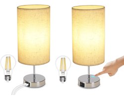 NETTLIFE Tafellamp E27 - 2 Stuks - chroom - rond - 3000K Warm wit Licht - Touch Dimbaar - nachtlamp met USB laadfunctie - stoffen lampenkap - voor Nachtkastje | Eetkamer | Woonkamer | Slaapkamer