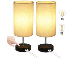 NETTLIFE Tafellamp E27 - 2 Stuks - zwart - rond - 3000K Warm wit Licht - Touch Dimbaar - nachtlamp met USB laadfunctie - stoffen lampenkap - voor Nachtkastje | Eetkamer | Woonkamer | Slaapkamer