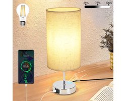 NETTLIFE Tafellamp E27 - chroom - rond - 3000K Warm wit Licht - Touch Dimbaar - nachtlamp met USB laadfunctie - stoffen lampenkap - voor Nachtkastje | Eetkamer | Woonkamer | Slaapkamer