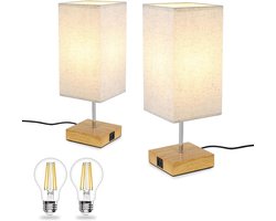 NETTLIFE Tafellamp E27 - hout - rechthoekig - 3000K Warm wit Licht - Touch Dimbaar - nachtlamp met USB laadfunctie - stoffen lampenkap - voor Nachtkastje | Eetkamer | Woonkamer | Slaapkamer
