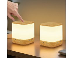 NETTLIFE Tafellamp LED - 2 Stuks - Oplaadbaar Nachtlamp - hout - 1800 mAh op batterijen - Touch dimbaar - USB Oplaadbaar - 3 kleurtemperaturen - met timerfunctie en nachtlampje
