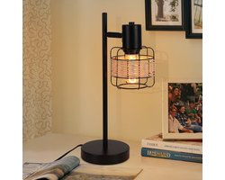 NETTLIFE Tafellamp rotan E27 - Vintage - zwart - boho bedlamp - metaal bureaulamp - voor slaapkamer | woonkamer - Zonder lichtbron