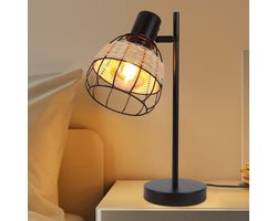 NETTLIFE Tafellamp rotan E27 - Vintage - zwart - Draaibare Lampenkap - boho bedlamp - Max.40W - metaal bureaulamp - voor slaapkamer | woonkamer - Zonder lichtbron
