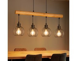 NETTLIFE - Vintage Hangelamp Van Hout 4 Lichts - Industriëel Design Pendellamp - Zwart Retro Eettafellamp - Hoogte Verstelbaar - Voor Eetkamer Keuken Woonkamer Bar - Zonder Lichtbron