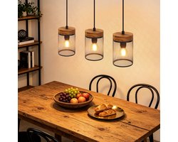 NETTLIFE Vintage Hanglamp 3-lichts – Hout & Zwart – Industrieel – E14 – Pendelverlichting voor Eettafel Woonkamer Keuken & Eetkamer – Zonder Lamp