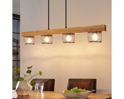 NETTLIFE Vintage Pendellamp - Hout - Zwart - 4 Lichts - met Houten Balk Retro Eettafellamp - E14 - Metaal - voor Woonkamer Eetkamer Keuken - Zonder Lampen