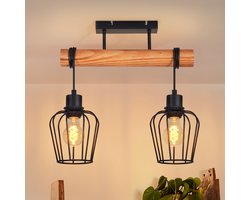 NETTLIFE Vintage Plafondlamp – Hout & Metaal – Zwart – 2-lichts Industrieel – Voor Gang Keuken Woonkamer Eetkamer – Zonder Lamp