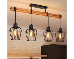 NETTLIFE Vintage Plafondlamp – Hout & Metaal – Zwart – 4-lichts Industrieel – Voor Gang Keuken Woonkamer Eetkamer – Zonder Lamp