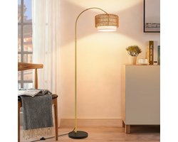 NETTLIFE Vloerlamp Boho Rotan met Afstandsbediening - Dimbaar Staande - Gouden Bogen - 350° Draaibaar & Hoogteverstelbaar (165-180cm) - Vintage E27 - Woonkamer Slaapkamer en Kantoor