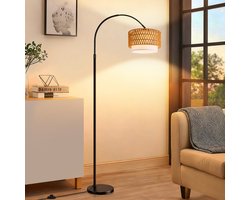 NETTLIFE Vloerlamp Boho Rotan met Afstandsbediening - Dimbaar Staande - Zwarte Bogen - 350° Draaibaar & Hoogteverstelbaar (165-180cm) - Vintage E27 - Woonkamer Slaapkamer en Kantoor