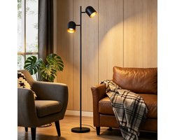NETTLIFE Vloerlamp E14 - 2-Lichts - Zwart & Goud - Vintage Industrieel Design - met Voetschakelaar - 350° Draaibaar - 145 cm- voor Woonkamer | Slaapkamer | Studie - zonder Lichtbron