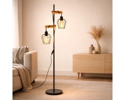 NETTLIFE Vloerlamp- E27 Fitting - zwart - 2 lichts - met 13cm Lampenkap - Vintage Staande lamp - metaal en hout - incl. schakelaar - H 151cm - voor Woonkamer | Slaapkamer | Kantoor - Zonder lamp