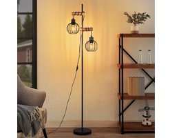 NETTLIFE Vloerlamp - E27 Fitting - zwart - 2 lichts - met Lantaarnvormige Lampenkap - Vintage Staande lamp - metaal en hout - incl. schakelaar - H 152cm - voor Woonkamer | Slaapkamer | Kantoor - Zonder lamp
